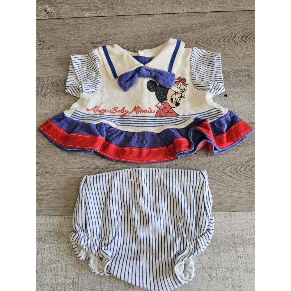 Vtg Walt Disney Minnie Mouse Nautical Disney Babies 1980s 2 Pc Dress 0-6 Months